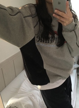 4422秋冬美式复古球衣风卫衣小众撞色圆领男女宽松毛圈套头卫衣