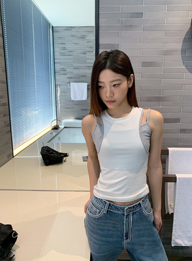 4422shop美式辣妹假两件吊带女2025夏季新款撞色拼接背心修身上衣