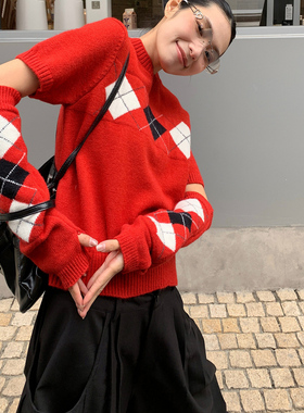 4422shop韩系撞色菱格休闲针织衫女2025冬季两件套短袖毛衣+袖套