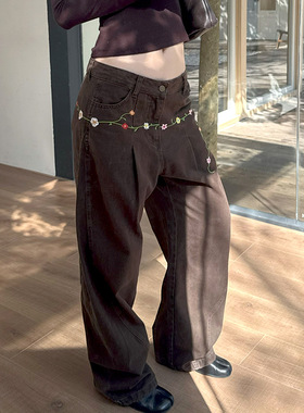 4422shop刺绣花卉水洗做旧工装裤时髦街头宽松阔腿百搭休闲长裤