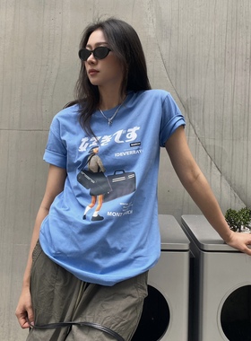 4422新款夏季雾霾蓝男女日系复古少女印花纯棉T恤圆领宽松短袖潮