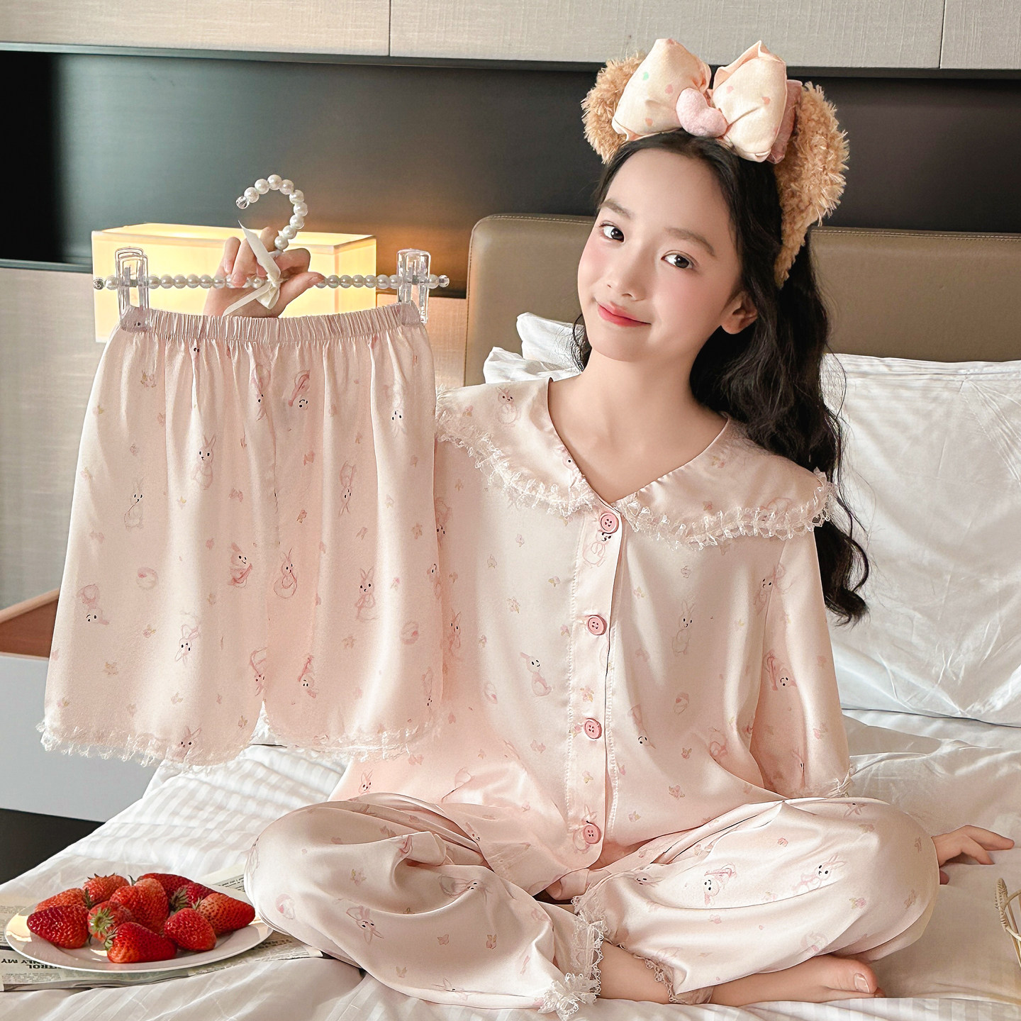 女童冰丝娃娃领开衫睡衣夏季薄款卡通兔子家居服套装可爱风8岁9潮