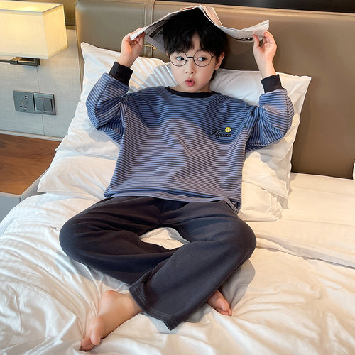男童德绒条纹秋冬长袖睡衣套装