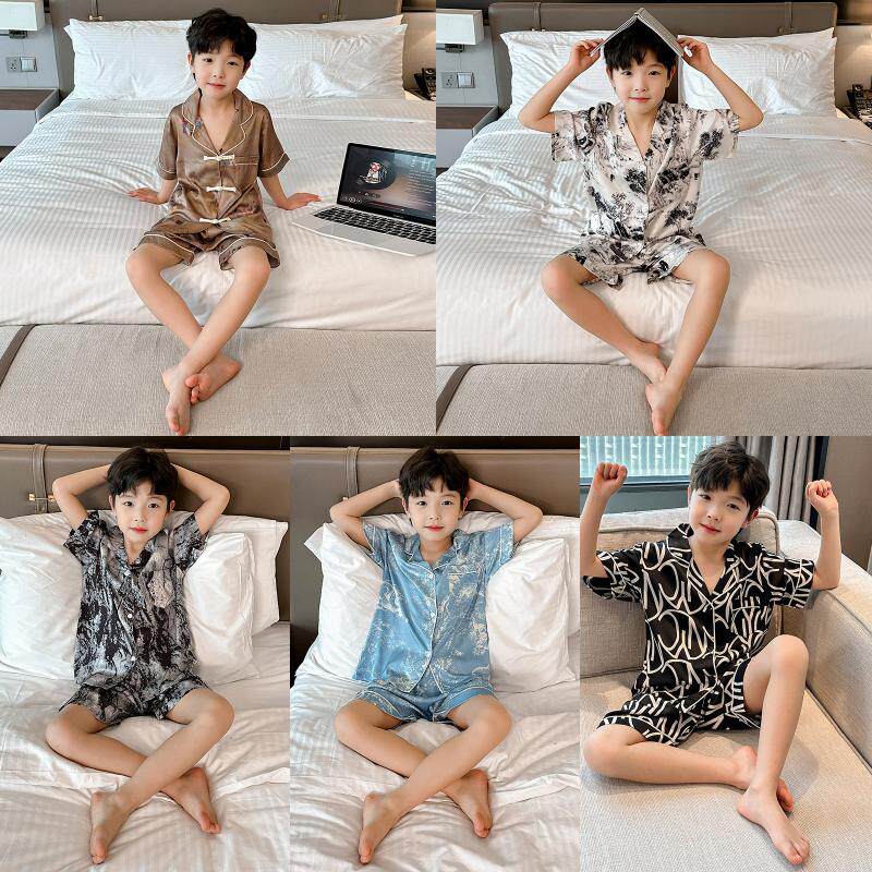 儿童睡衣男童夏季薄款凉感翻领开衫短袖家居服套装简约风8岁9潮