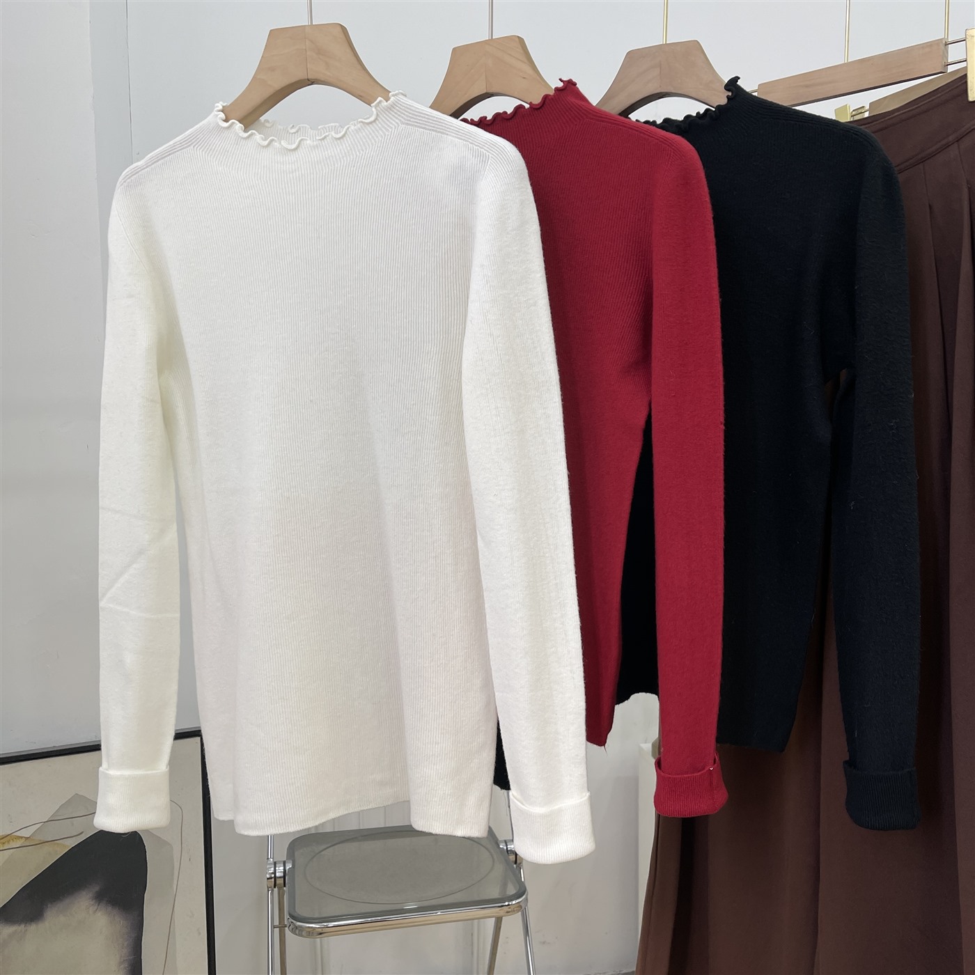 【楠】加厚毛衣冬季半高领一体白色内搭木耳边针织打底上衣K#16