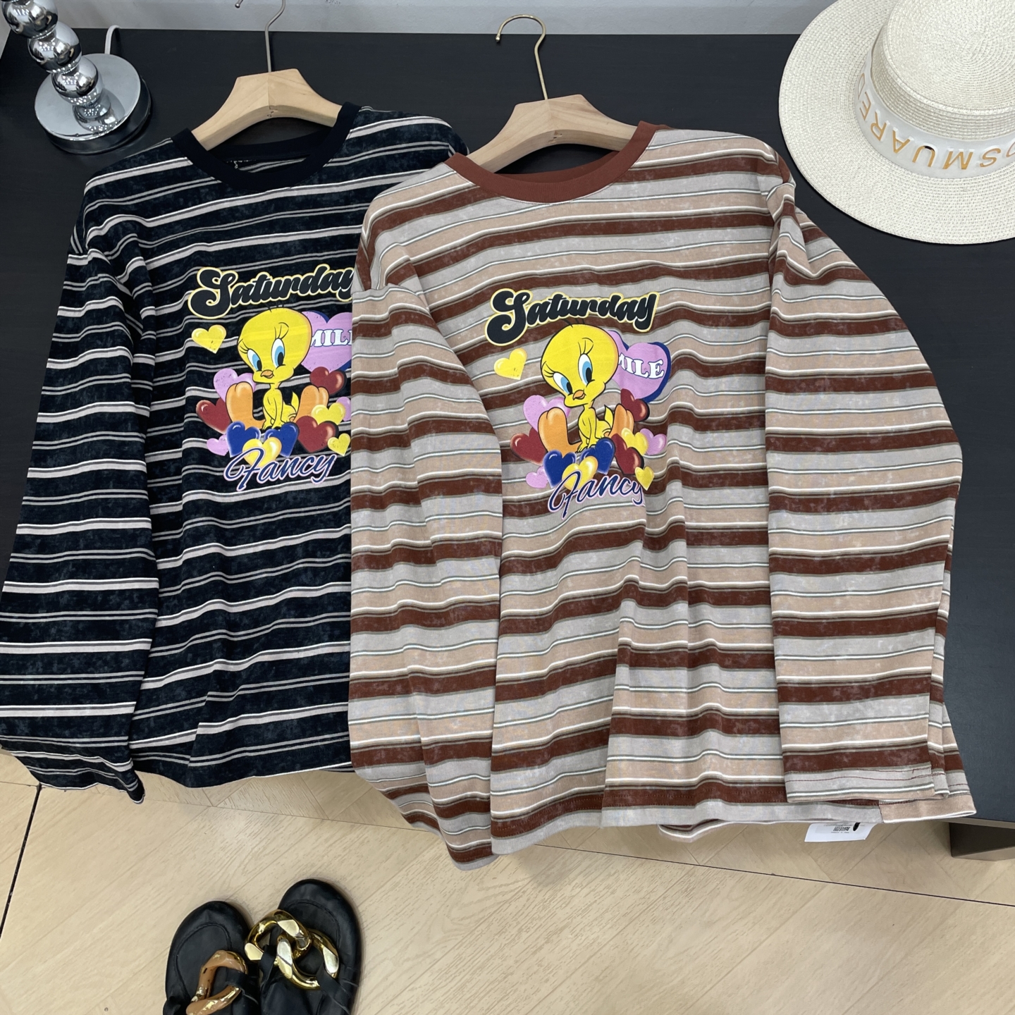 【楠】T恤条纹小众时尚新款2025冬季休闲裤直筒长袖女 K#16