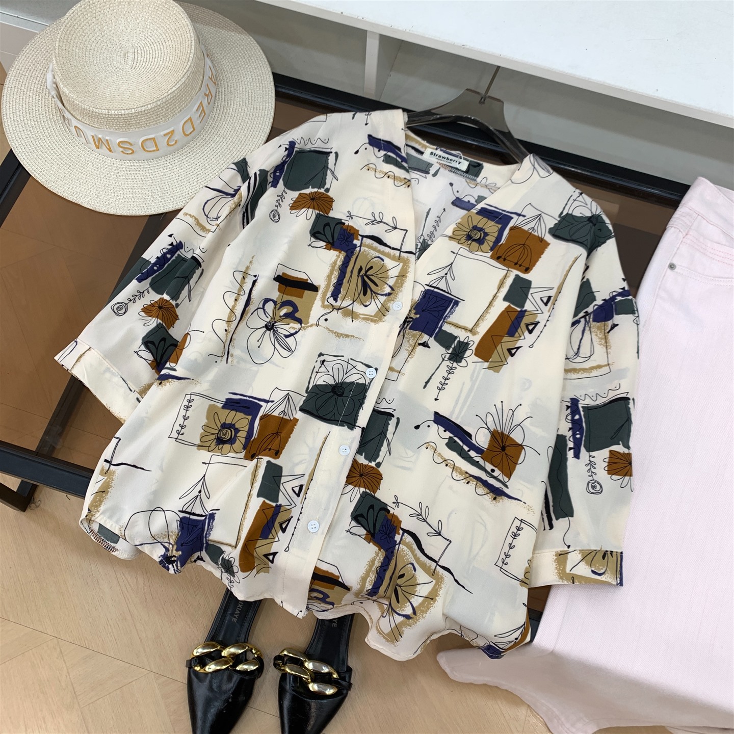 衬衫V领复古显瘦休闲长袖百搭秋季直筒宽松上衣女 J#10