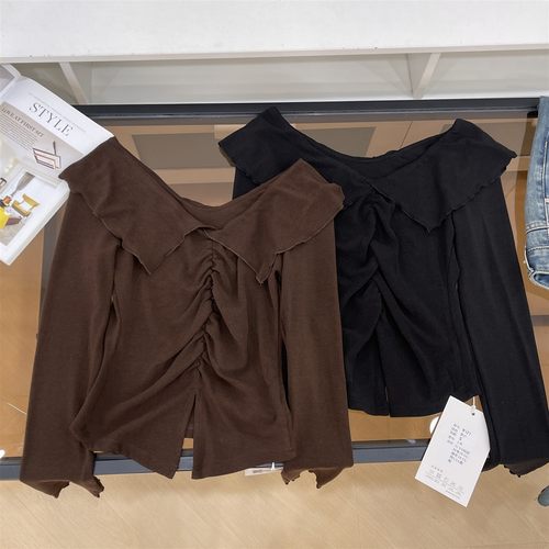 黑色V领一字肩上衣内搭打底衫2025新款修身辣妹长袖上衣L#