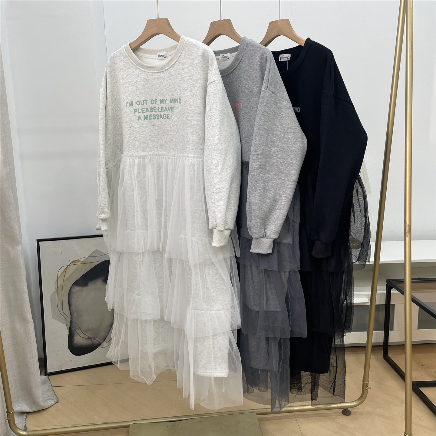 韩国秋冬季减龄气质印花设计感拼接网纱蛋糕连衣裙L#2