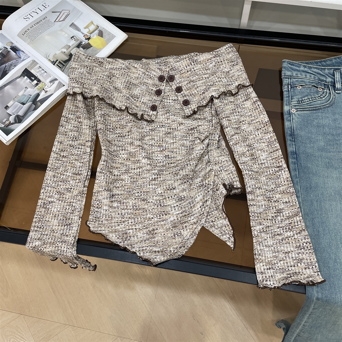 辣妹不规则一字肩针织衫毛衣女2025秋季新款修身内搭露肩上