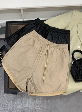 休闲PU皮裤春季新款韩版简约设计感菱格直筒短裤 B#18