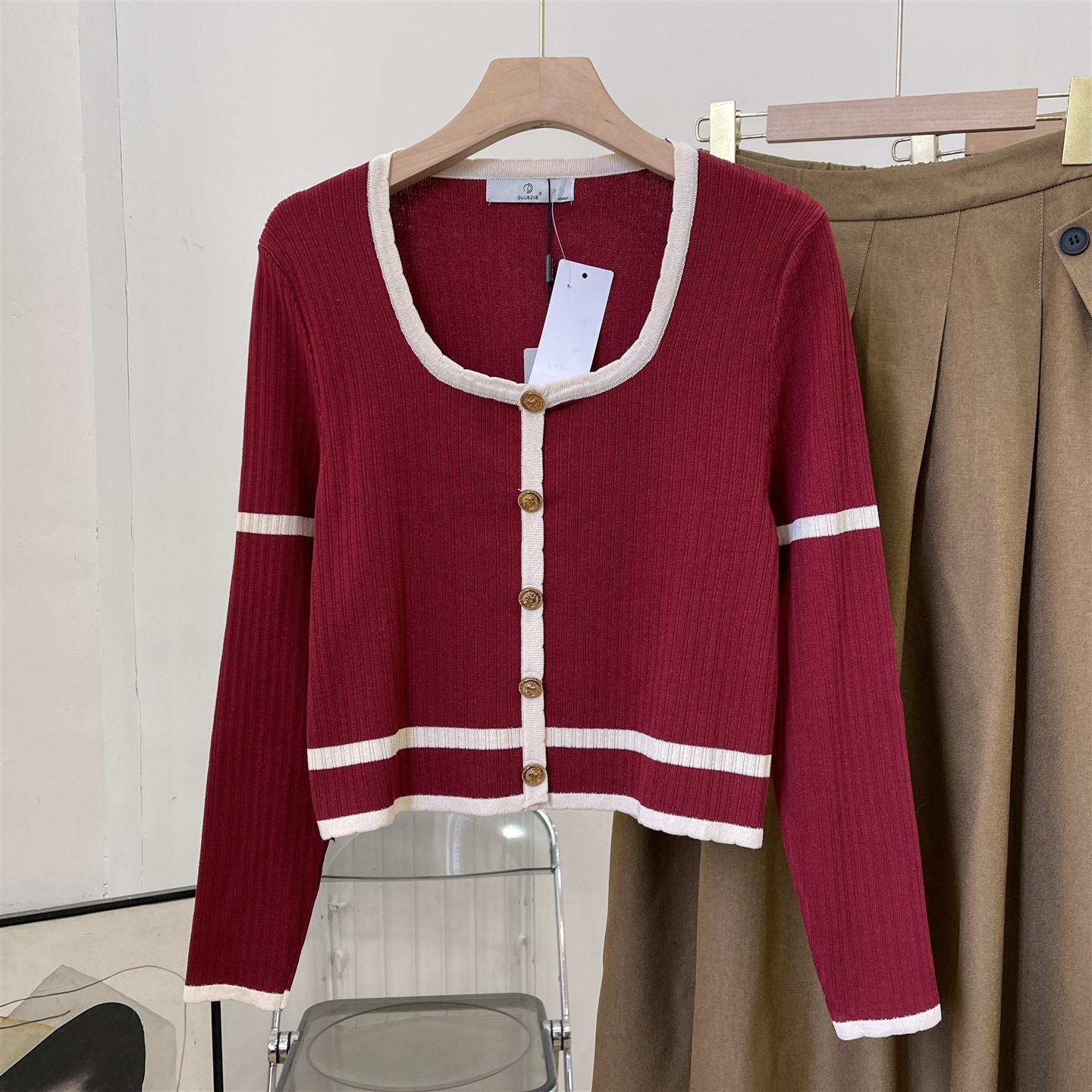 法式复古针织衫套头上衣女春新款方领显瘦气质毛衣女L#2