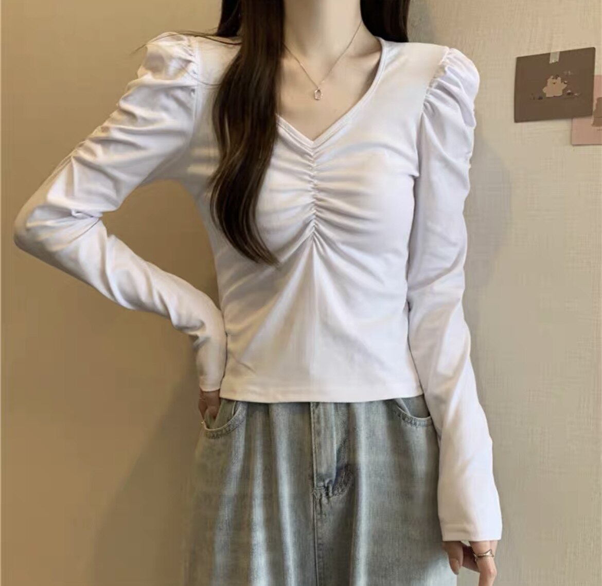 t恤长袖v领纯色百搭上衣新款秋季韩版修身显瘦女装24g#5【霞】