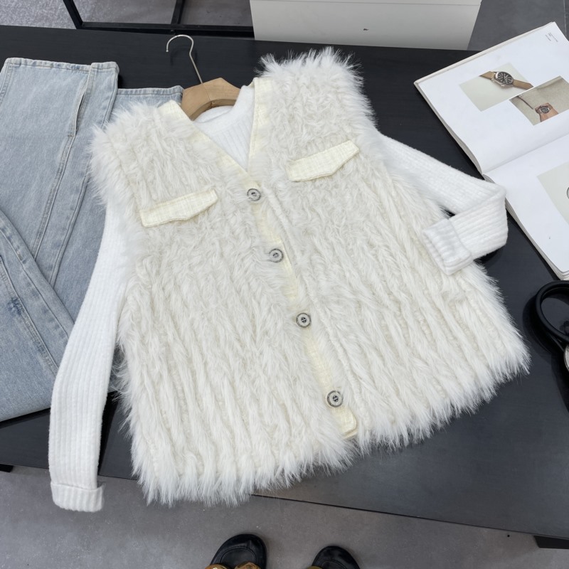 2024冬季新款毛绒外套宽松时尚百搭V领无袖皮草马甲 L#27