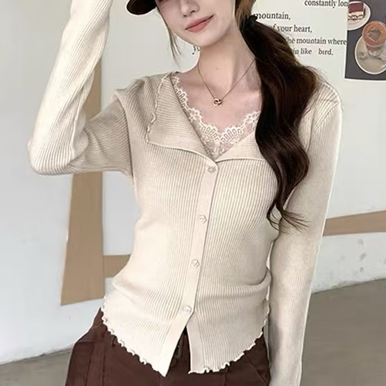 法式V领毛针织蕾丝边拼接长袖打底衫内搭上衣K#16