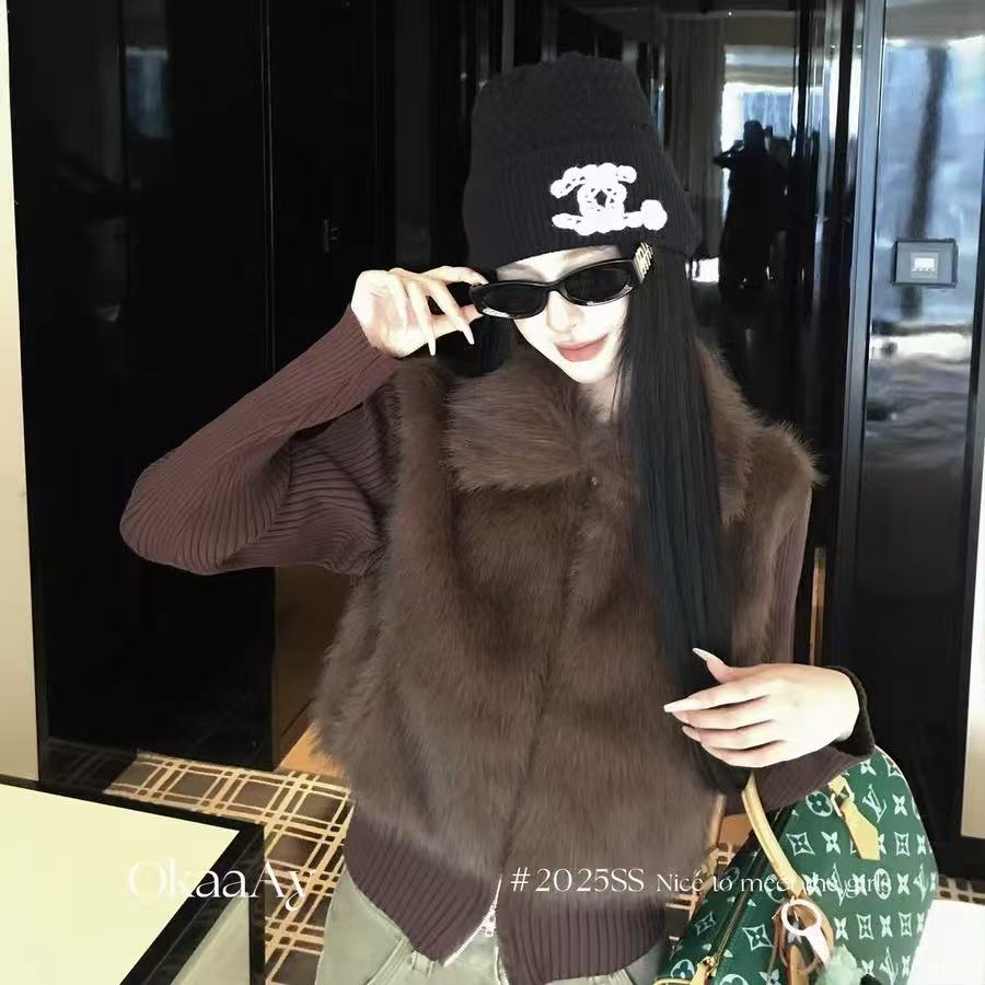 可拆卸袖子皮草拼接针织袖外套女秋冬季新款宽松外套L#2