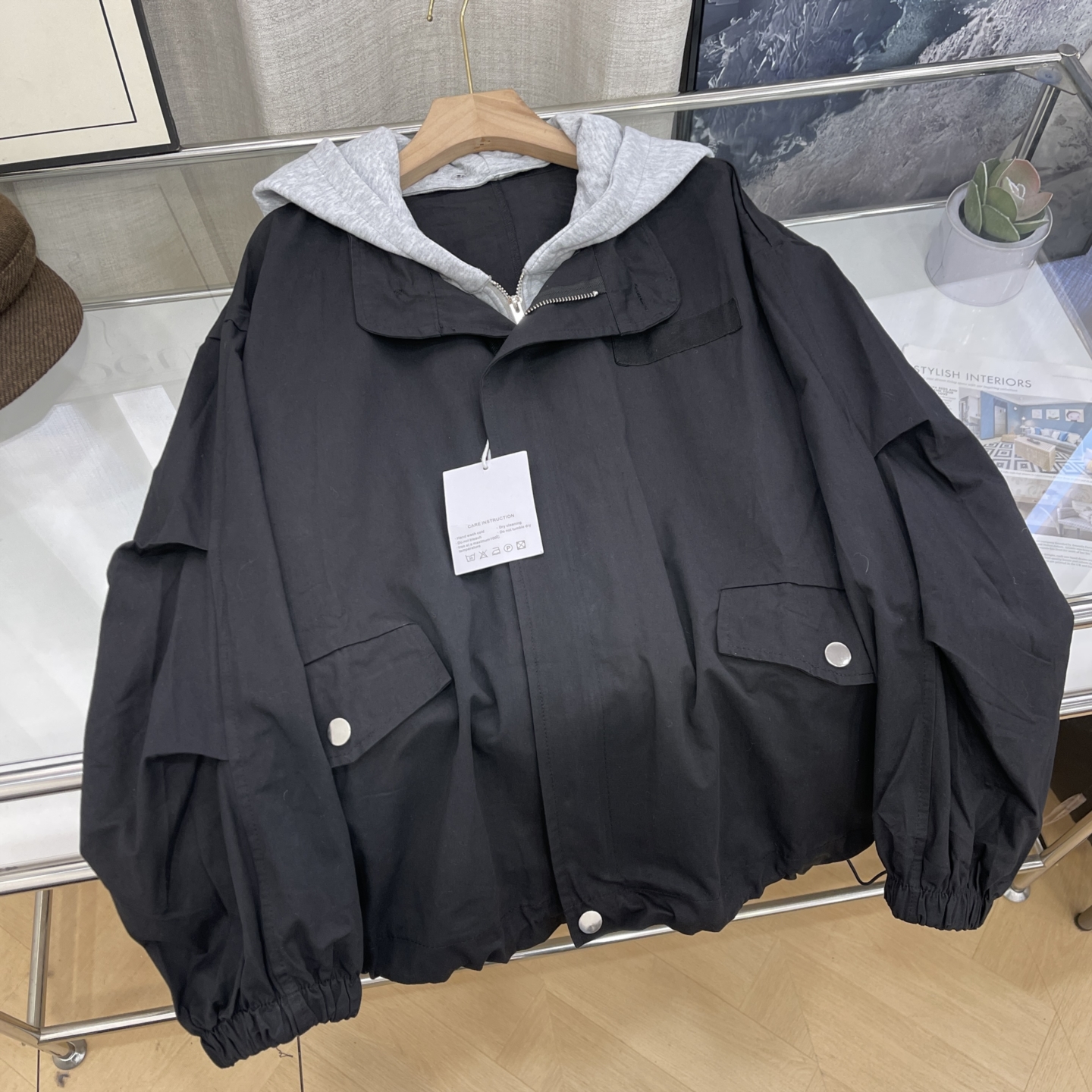 两件套纯色新款百搭宽松拉链长袖通勤外套配饰拆卸连帽 K#