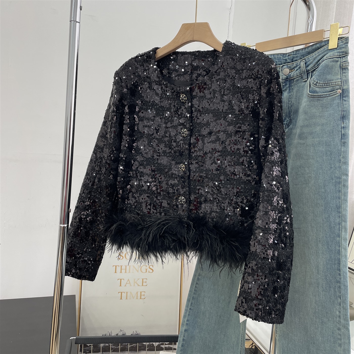 2025秋冬新小香风气质名媛亮片粗花呢毛毛边短外套K#16
