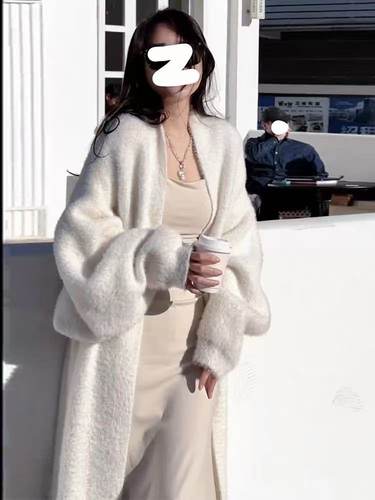 秋冬过膝长款毛毛外套新婚色百搭宽松慵懒时尚风外套K#30