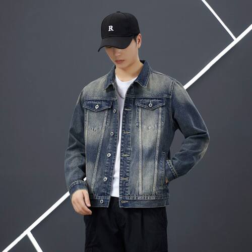 复古渐变水洗宽松牛仔外套男