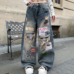 美式潮牌破洞印花补丁弯刀牛仔裤男女宽松直筒做旧个性阔腿裤复古