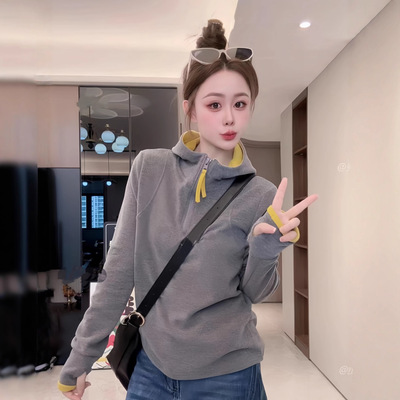 今年流行特惠设计感撞色双面德绒连帽卫衣女冬季半拉链叠穿内搭