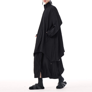 风衣 高领蝙蝠袖 套装 今年流行特惠山本风小众设计感压褶工艺时尚