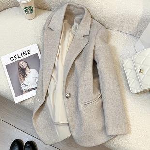 高级感小个子 秋冬季 今年流行特惠米灰色毛呢西装 外套女2025新款