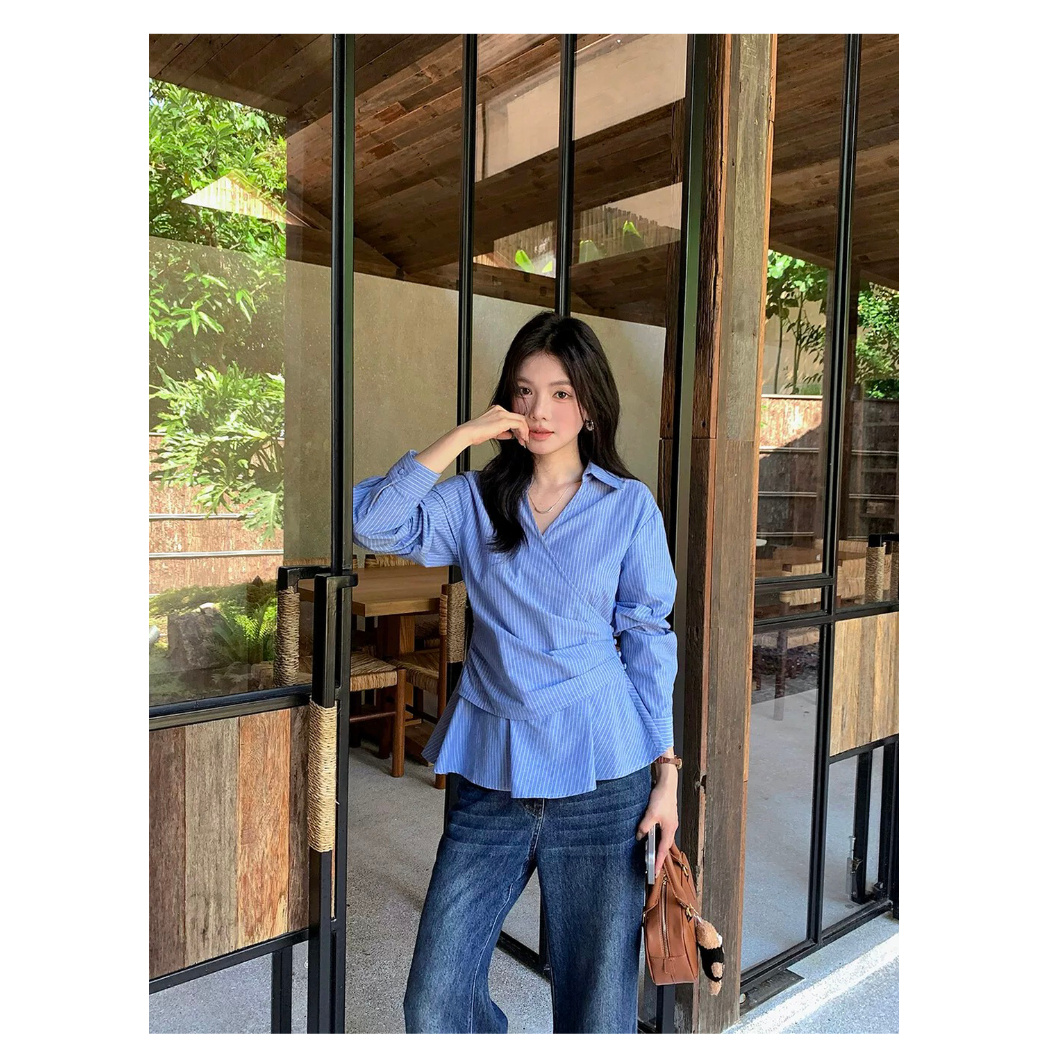 微胖女装秋季新款韩系百搭收腰显瘦衬衫胖MM长袖小衫条纹上衣