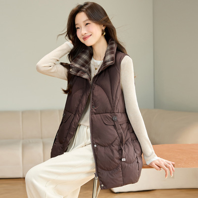 今年流行特惠格子拼接羽绒马甲女中长款2025新款高端爆款冬季保暖