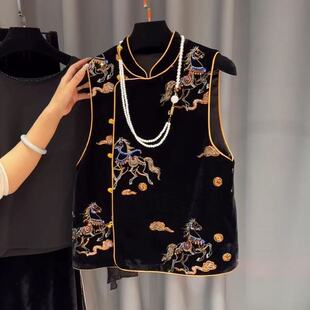 今年流行特惠重工小马踏祥云纹真丝丝绒重工绣花钉珠新中式国风