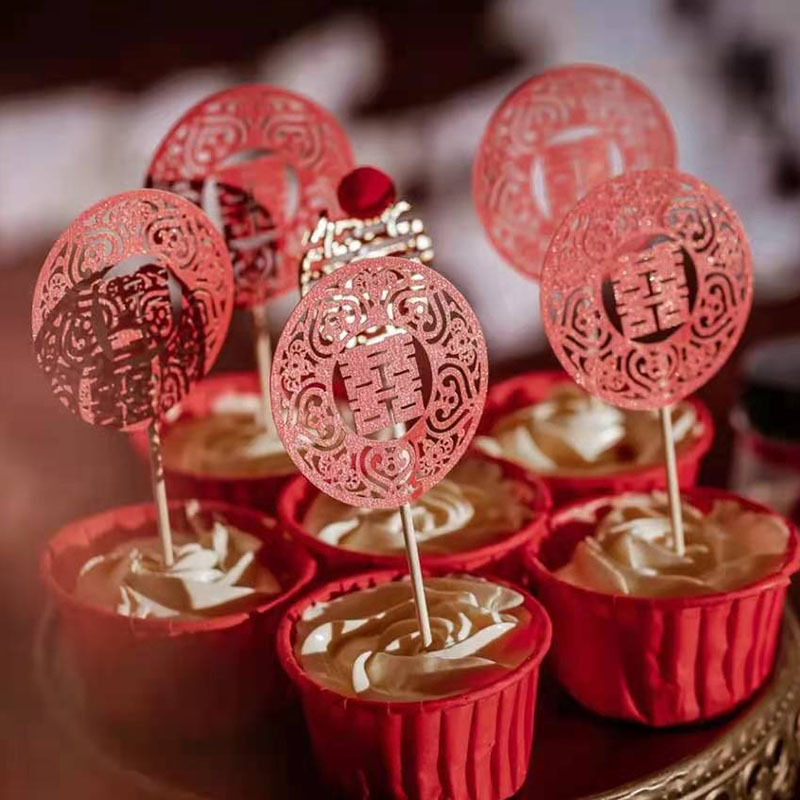 红色双喜纸杯中式婚礼蛋糕装饰