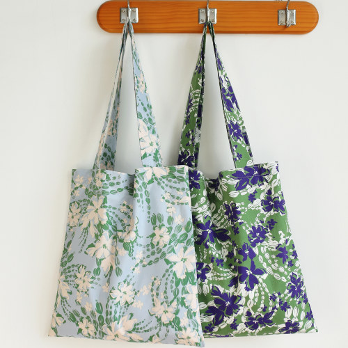 新款原创自制韩系夏天蓝绿碎花帆布包轻便百搭大容量托特包精梳棉