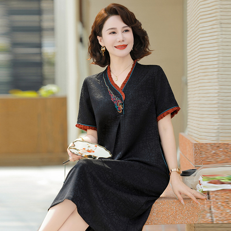 妈加大码夏装桑蚕丝连衣裙喜婆婆婚宴装裙子女香云纱中式喜服