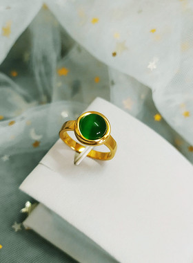 Huo Ting复古高级感18K包金绿色圆形宫廷戒指 女气质简约情侣指环