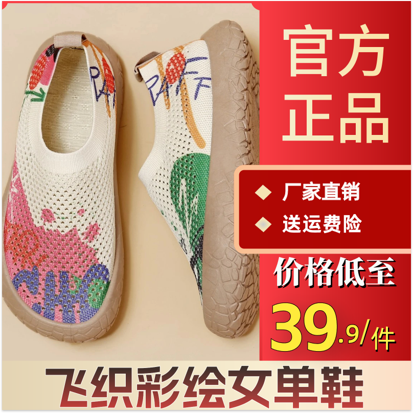 新款透气飞织彩绘女单鞋轻便舒适防滑耐磨一脚蹬印花女鞋日常休闲
