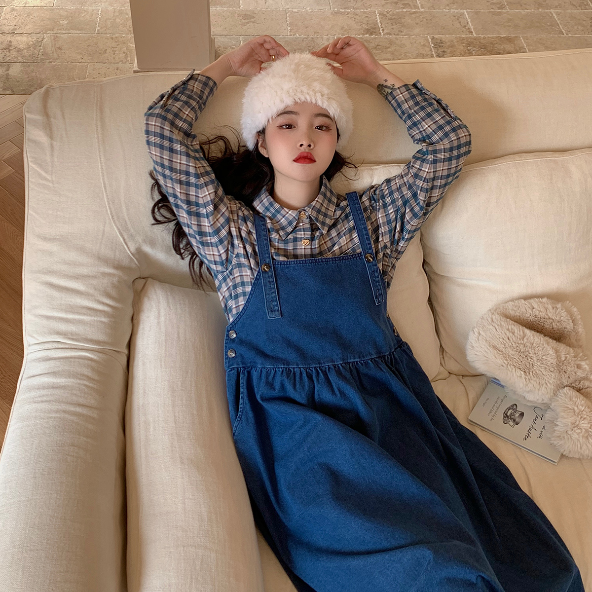 自制法式复古通勤风牛仔背带裙