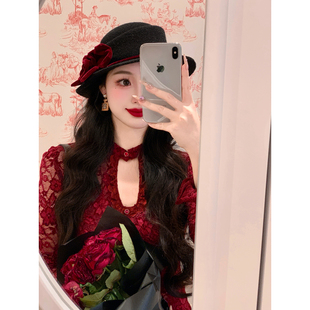 麓津自制《致命女人》绝美蕾丝透视上衣红丝绒半身裙子优雅少女