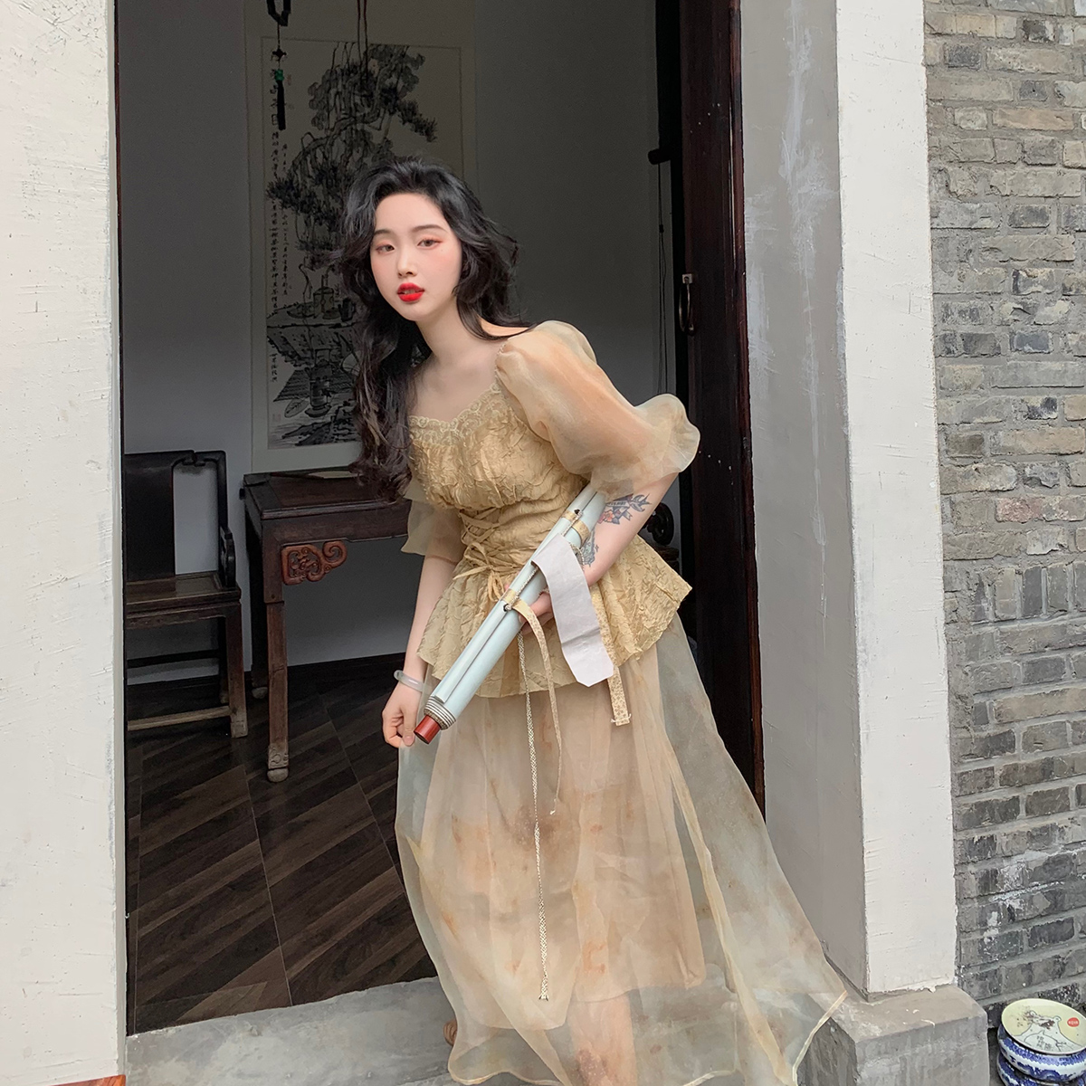 麓津自制《一盏茶》2款 夏季少女桔梗法式复古高腰吊带连衣裙子