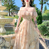 麓津自制 优雅气质定位香槟玫瑰雪纺印花少女连衣裙 幸福之门