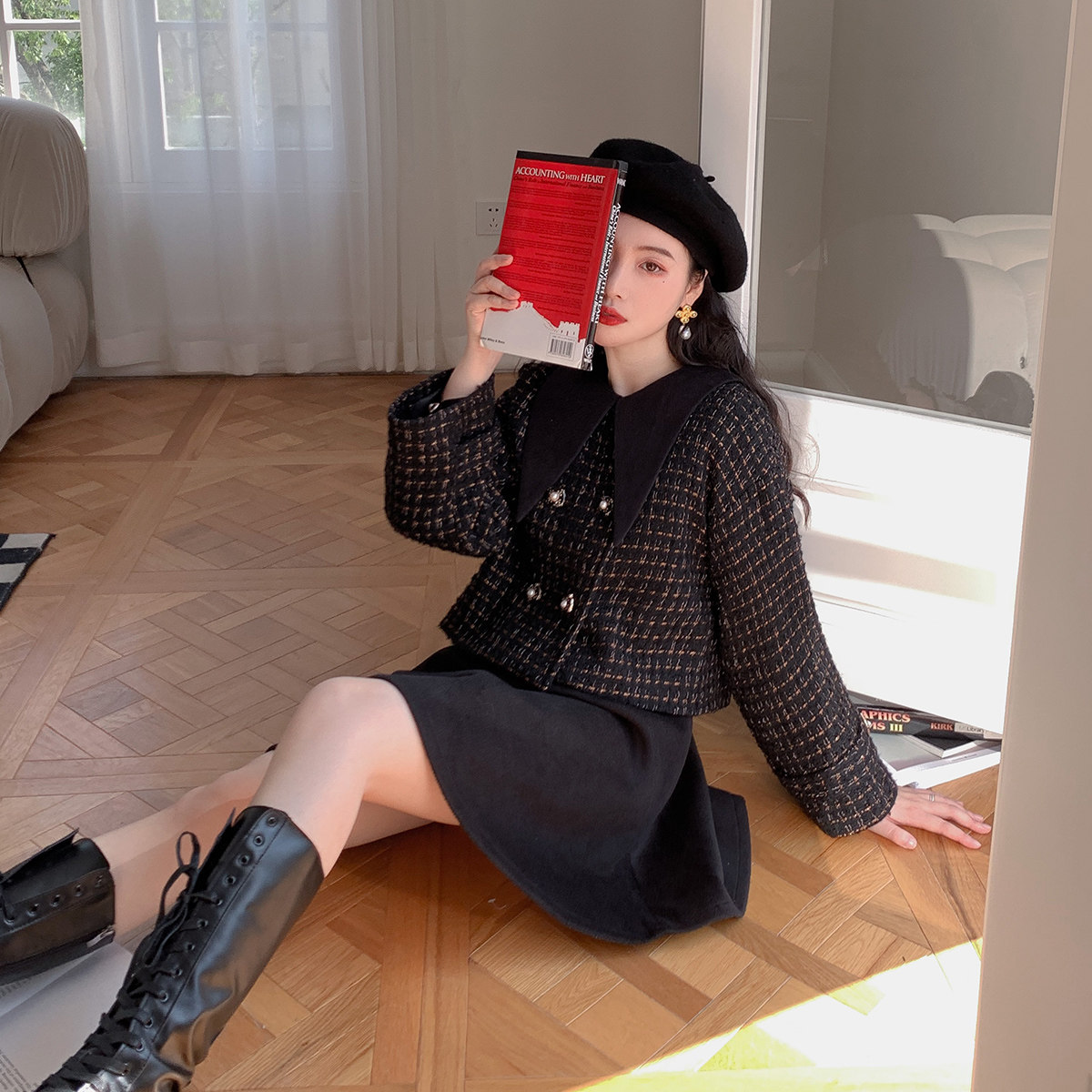 麓津自制《骑扫帚的魔女》英伦复古通勤小香风甜美酒红秋季套装女