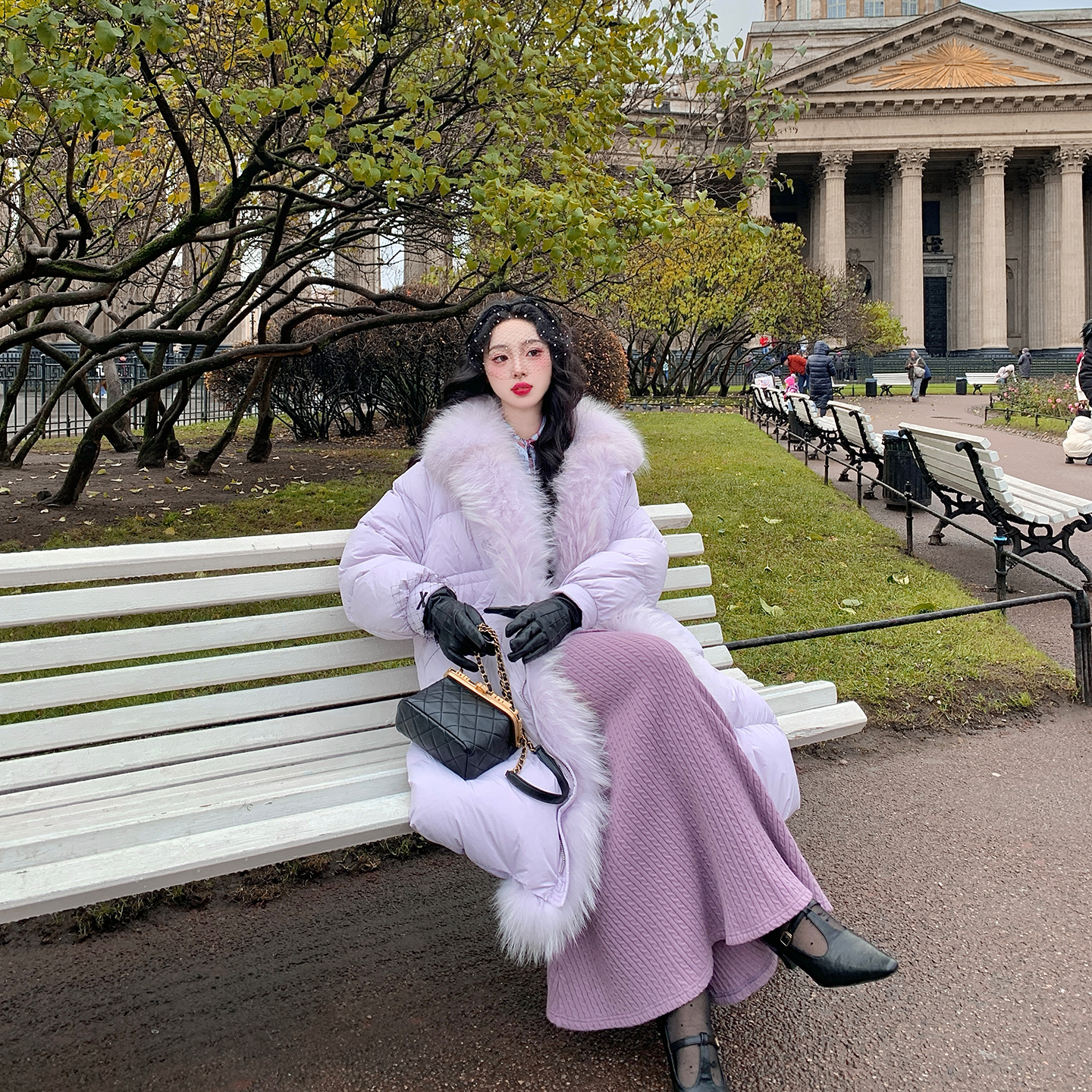 麓津自制《圣彼得堡冬日》绝美薰衣草紫90白鸭绒貉子毛羽绒服少女