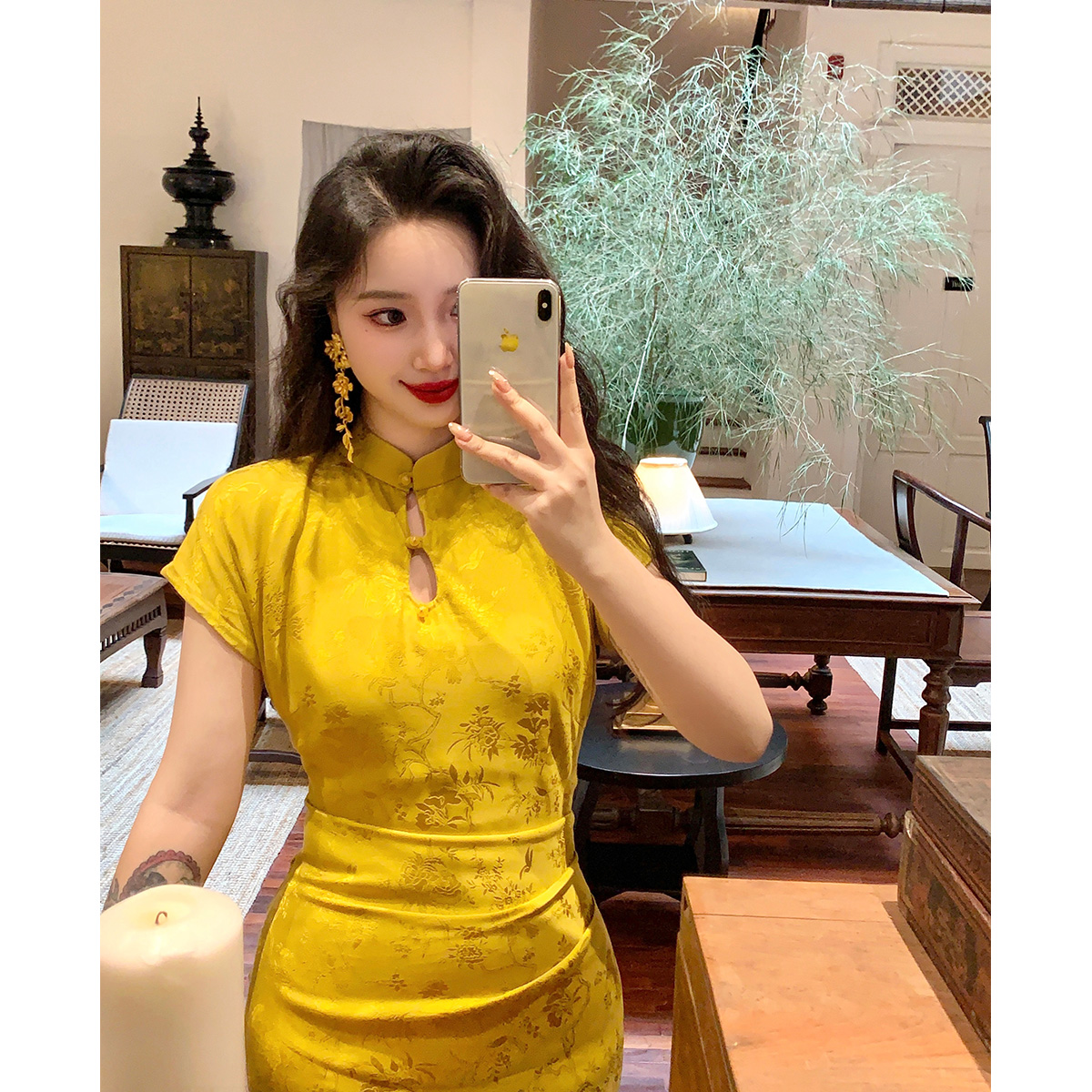 麓津自制《金玉良缘》雍容华贵中国金 “喜上枝头”旗袍连衣裙女