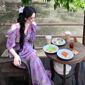 金丝雪纺印花露肩紫色优雅仙女连衣裙子 春夏季 麓津自制 幽莲