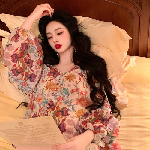 麓津自制《花之吻》复古温柔雪纺印花宽松仙气上衣少女衬衫半身裙