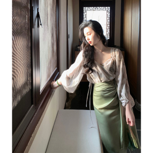 国风新中式 春季 小衫 设计感小众灯笼袖 半身裙 麓津自制 衬衫 春茶