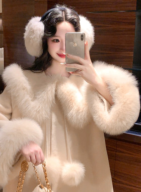 麓津自制《小雪球》海军领奶油白狐狸毛100羊毛双面呢大衣女