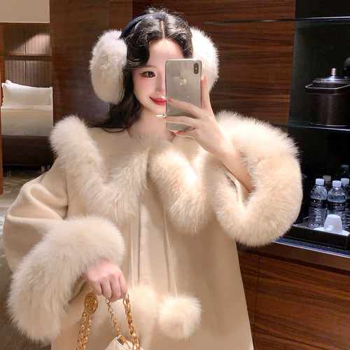 麓津自制《小雪球》海军领奶油白狐狸毛100羊毛双面呢大衣女