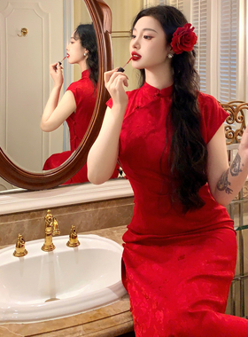 麓津自制《红玫瑰晚宴》仿花罗提花正红色少女订婚宴礼服旗袍裙女