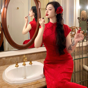 麓津自制《红玫瑰晚宴》仿花罗提花正红色少女订婚宴礼服旗袍裙女